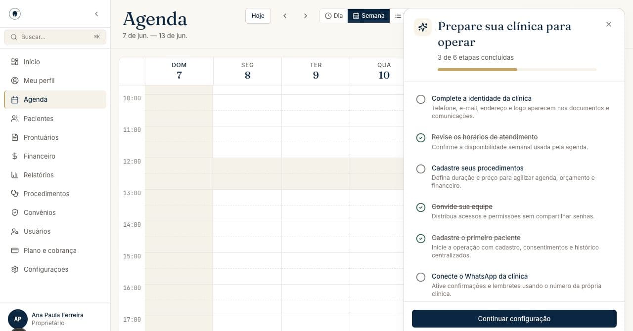 Tela real da agenda semanal e checklist de implantação do GestOdonto